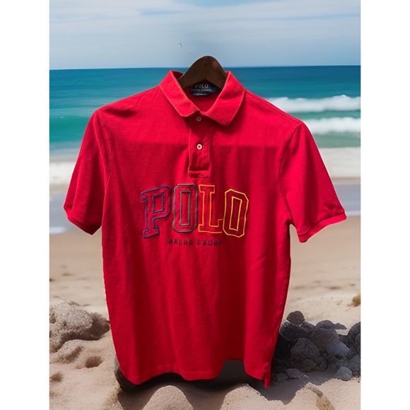 Polo‎ Ralph Lauren Shirt Men M Red Spell Out Short Sleeve Classic Fit Preppy